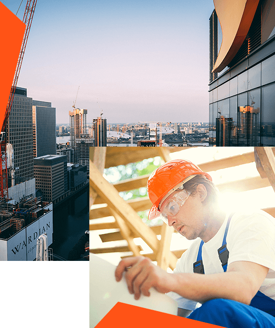 City skyline with a construction crane at sunset